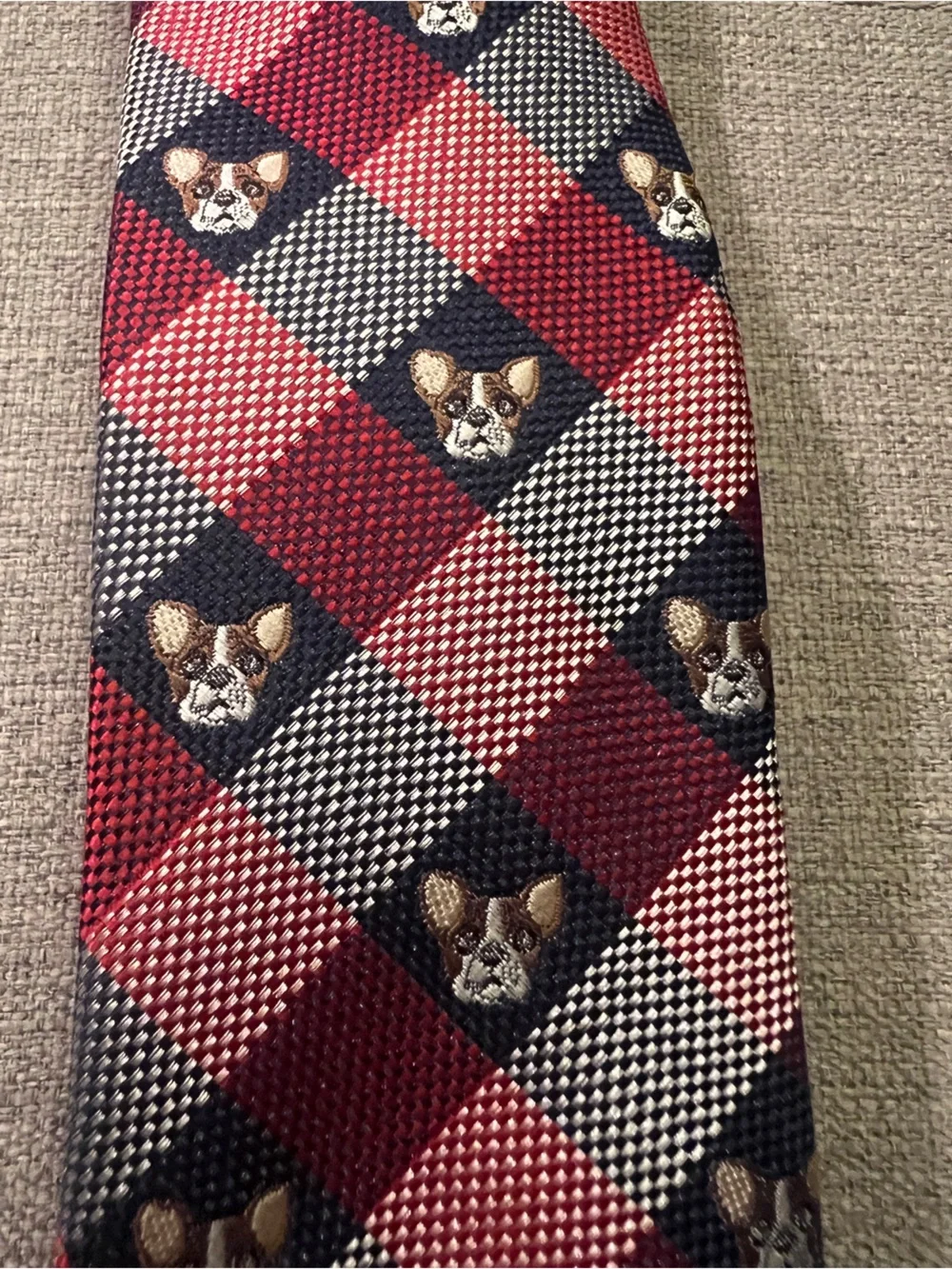 Tommy Hilfiger Red and Navy Plaid Silk Tie Featuring Embroidered French Bulldog
